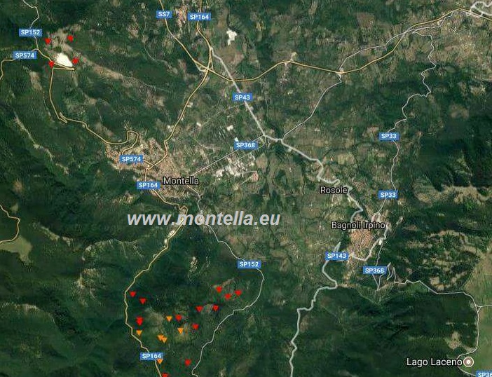 I punti in rosso gli incendi nel territorio di Montella